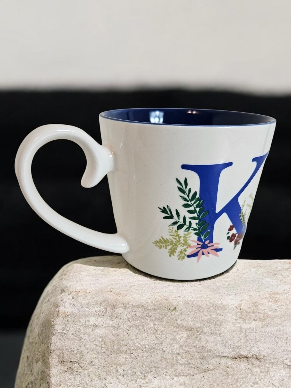 Opalhouse Mug 16 oz Monogram K Floral Botanical Stoneware Coffee Cup Navy Blue K
